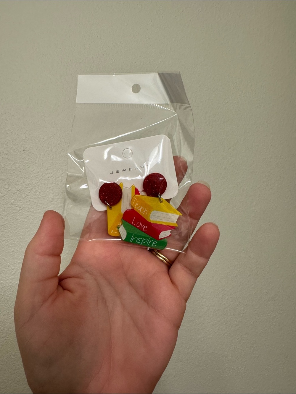 Colorful Teacher 'Teach Love Inspire' Bookstack Earrings - Red, Yellow, Green